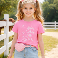 An Apple a Day Helps the Pony Play – Pink Kids T‑Shirt | Summer Clearance £8.99