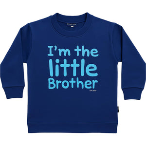 Blue children's sweatshirt with 'I'm the little brother' text on a white background
