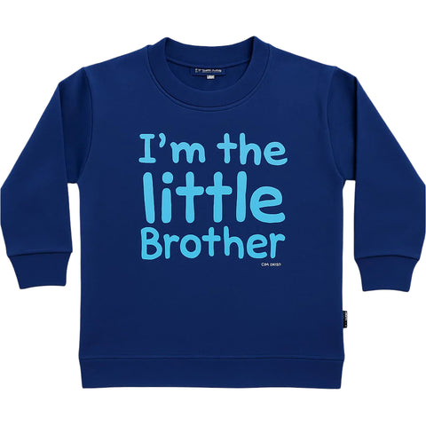 Blue children's sweatshirt with 'I'm the little brother' text on a white background