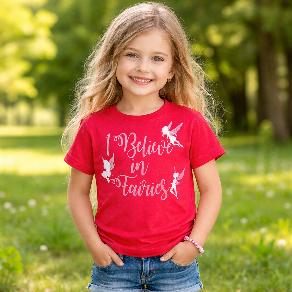 I Believe in Fairies T-shirt pour enfant avec imprimé scintillant argent et blanc 