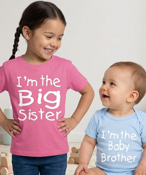 Je suis le t-shirt Big Sister et je suis le body Baby Brother 