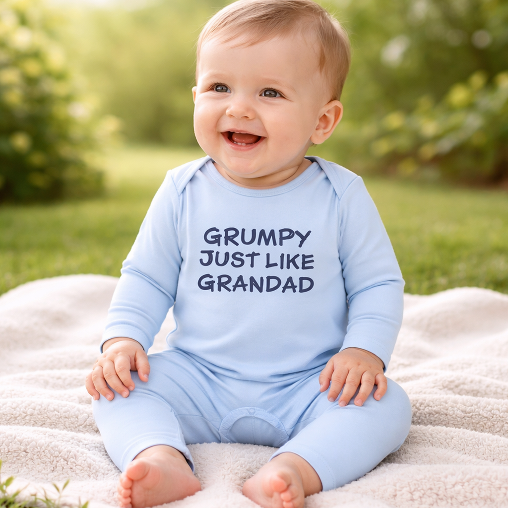 Grumpy Just Like Grandad – Blue Baby Romper 6–12 Months | Summer Clearance £8.99