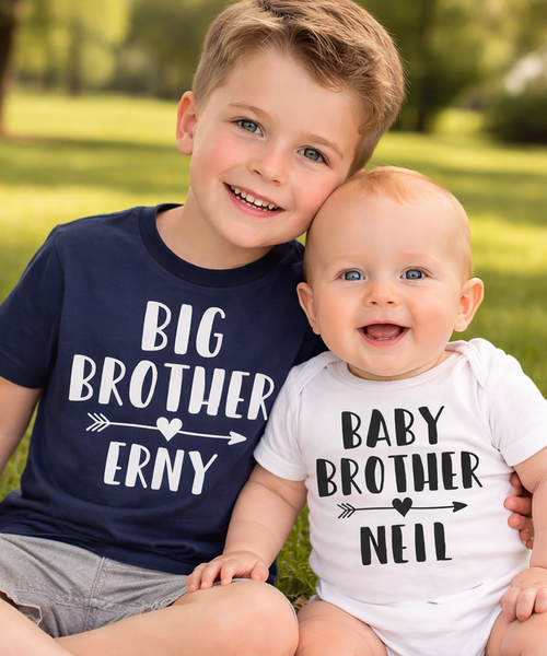 Personalised Big Brother Navy T Shirt and Little Brother White Bodysuit Arrow Set