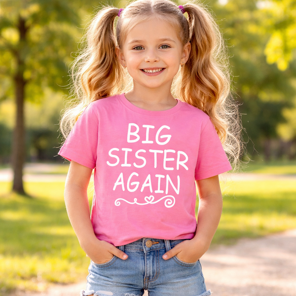 Big Sister Again Bubblegum Pink T Shirt with White Glitter Print