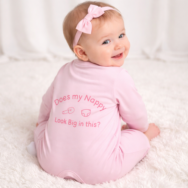 Does My Nappy Look Big in This? – Pink & White Striped Baby Romper suit 0–12 Months | Summer Clearance £8.99