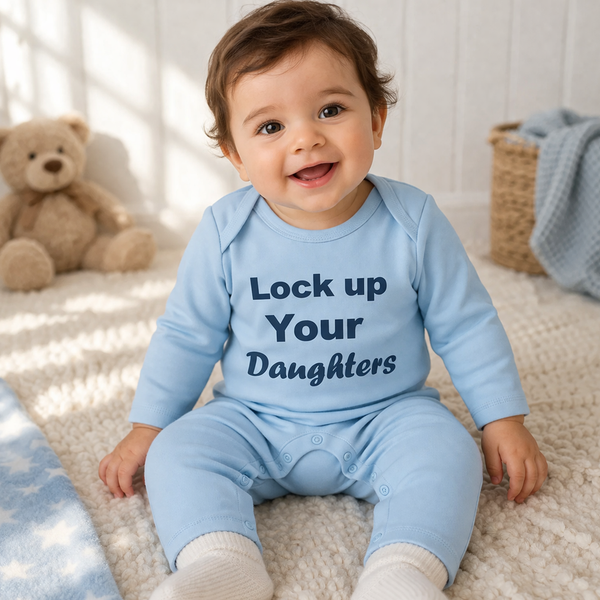 Lock Up Your Daughters – Blue Baby Rompersuit 0–12 Months | Summer Clearance £8.99