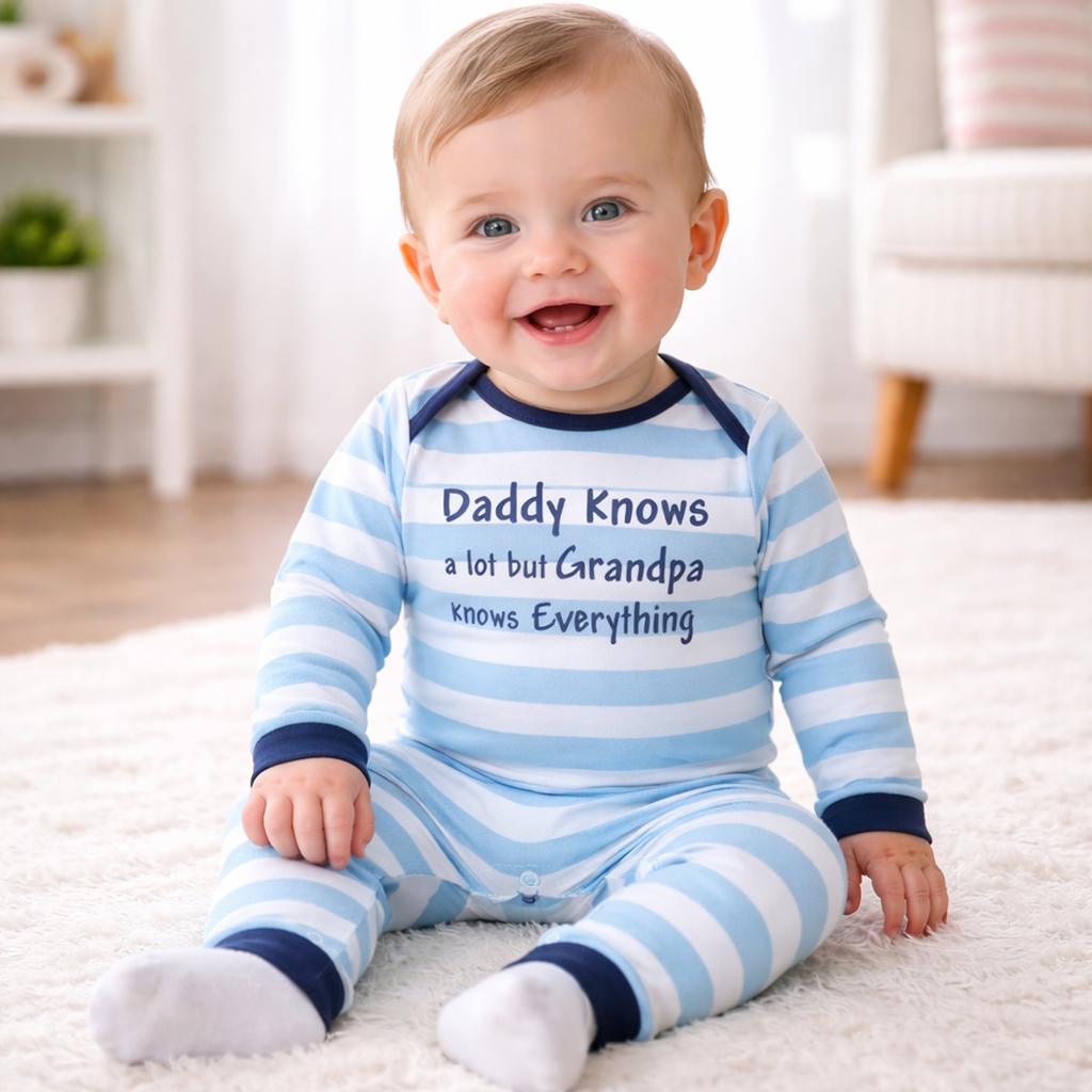 Daddy Knows a Lot But Grandpa Knows Everything – Blue & White Striped Baby Romper 6–12 Months | Summer Clearance £8.99