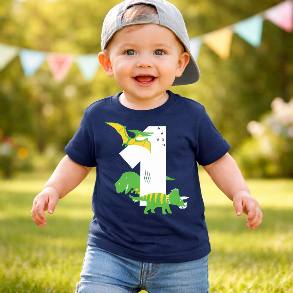 Navy Dino Birthday Bash Children's T-Shirt with White, Green and Yellow Print