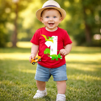 Red Dino Birthday Bash Children's T-Shirt with White, Green and Yellow Print