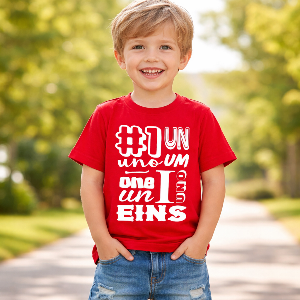 Numéro d'anniversaire rouge dans différentes langues T-shirt enfant 