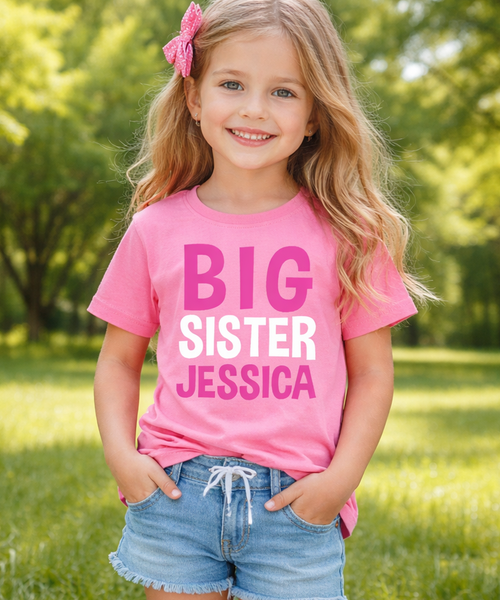 T-shirt Big Sister personnalisé avec imprimé rose et blanc 