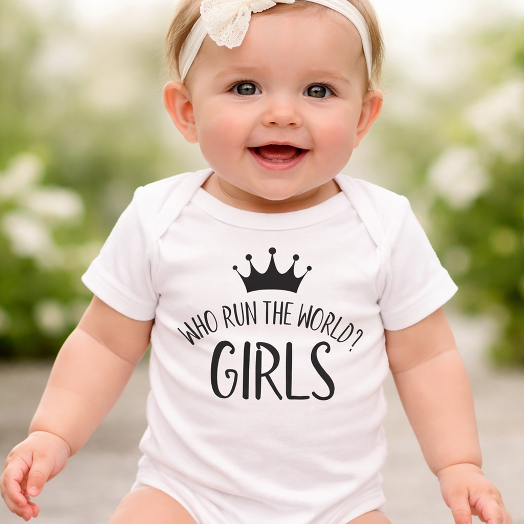 'Who run the World? Girls' White Baby Bodysuit