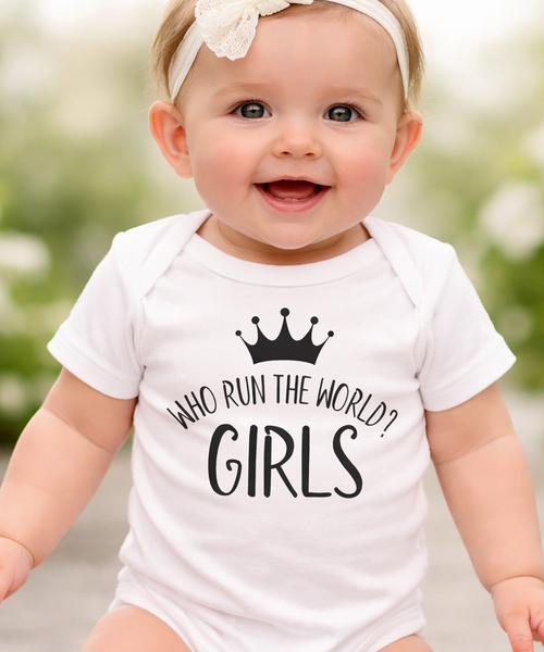 'Who run the World? Girls' White Baby Bodysuit