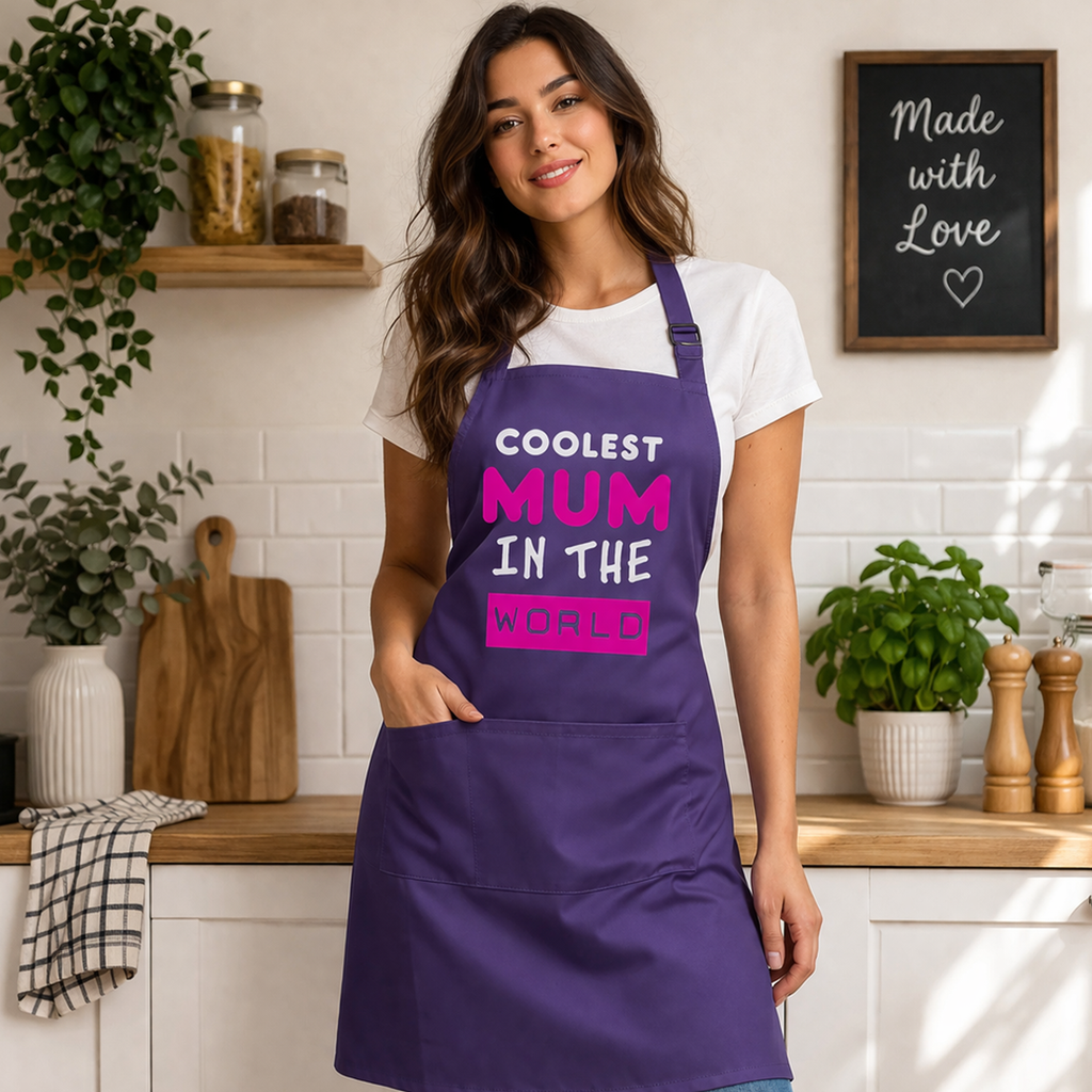 Tablier maman la plus cool du monde avec imprimé blanc et rose 