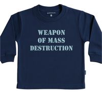 Navy blue full sleeved tshirt with 'Weapon of Mass Destruction' text. 