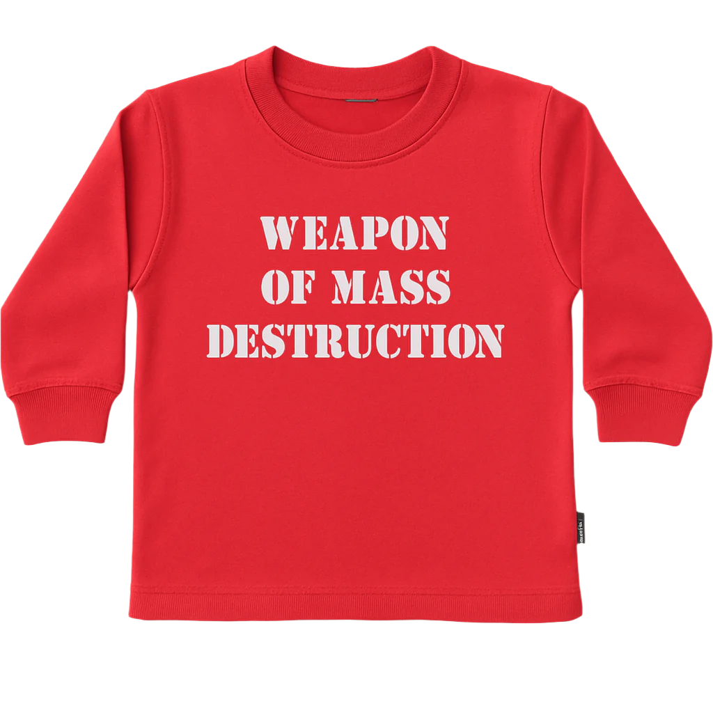 Red long-sleeve tshirt with 'WEAPON OF MASS DESTRUCTION' text.