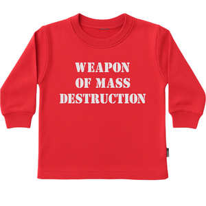 Red long-sleeve tshirt with 'WEAPON OF MASS DESTRUCTION' text.