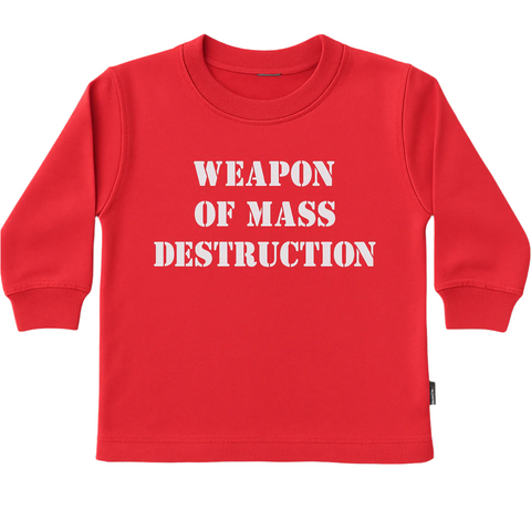 Red long-sleeve tshirt with 'WEAPON OF MASS DESTRUCTION' text.