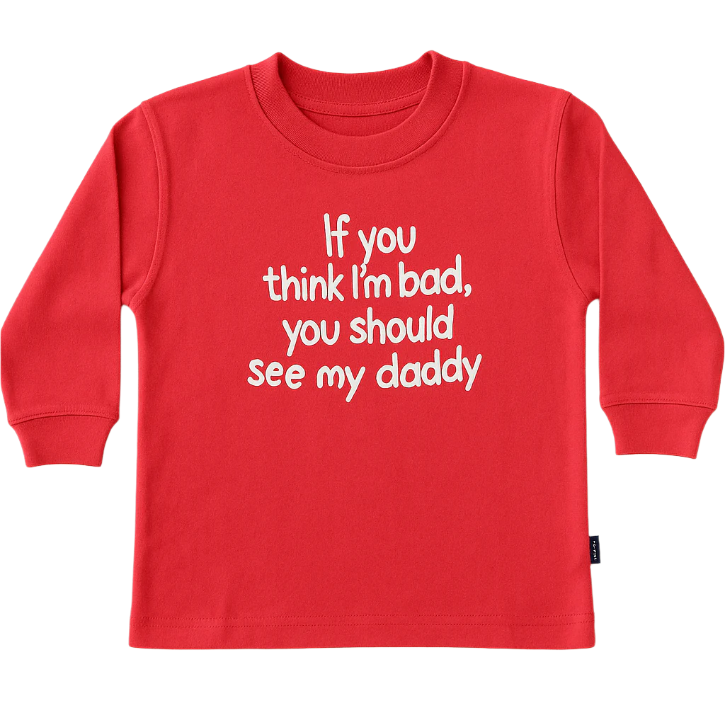 Red long-sleeve shirt with white text.
