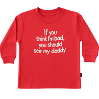 Red long-sleeve shirt with white text.
