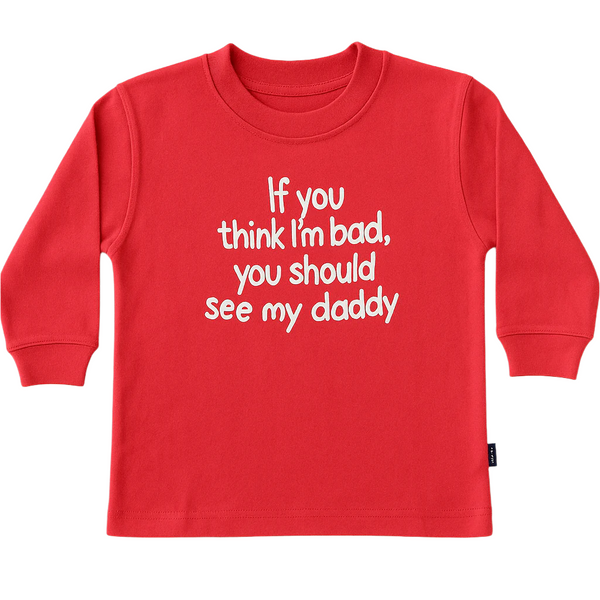 Red long-sleeve shirt with white text.