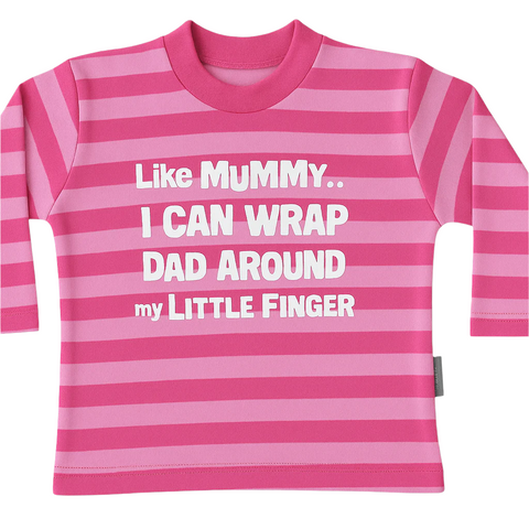 Pink and white striped shirt with text on a white background