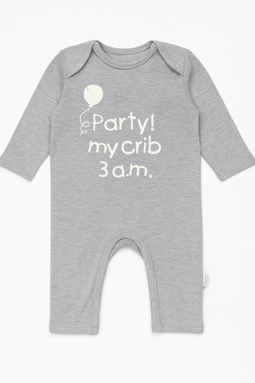 Gray baby onesie with text 'Party! my crib 3 a.m.' on a white background