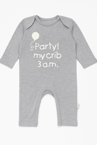 Gray baby onesie with text 'Party! my crib 3 a.m.' on a white background