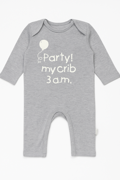 Gray baby onesie with text 'Party! my crib 3 a.m.' on a white background