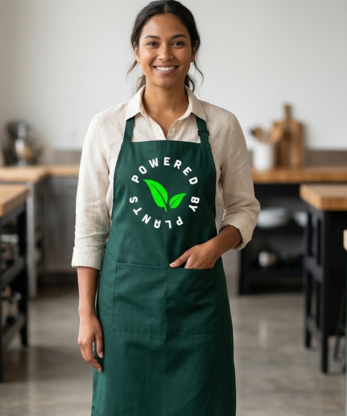 Tablier Powered By Plants avec imprimé blanc et vert 