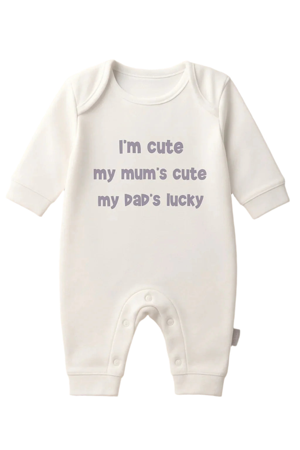 I’m Cute My Mum’s Cute My Dad’s Lucky – White Baby Romper 6–12 Months | Clearance £8.99