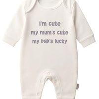 I’m Cute My Mum’s Cute My Dad’s Lucky – White Baby Romper 6–12 Months | Clearance £8.99