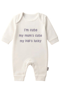 I’m Cute My Mum’s Cute My Dad’s Lucky – White Baby Romper 6–12 Months | Clearance £8.99