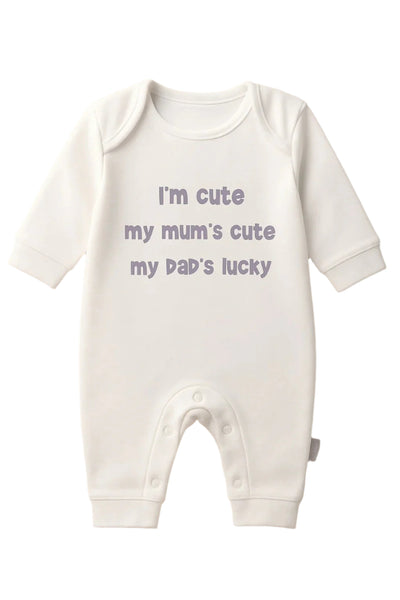 I’m Cute My Mum’s Cute My Dad’s Lucky – White Baby Romper 6–12 Months | Clearance £8.99