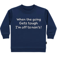 Navy blue sweatshirt with white text on a white background