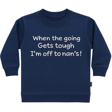 Navy blue sweatshirt with white text on a white background