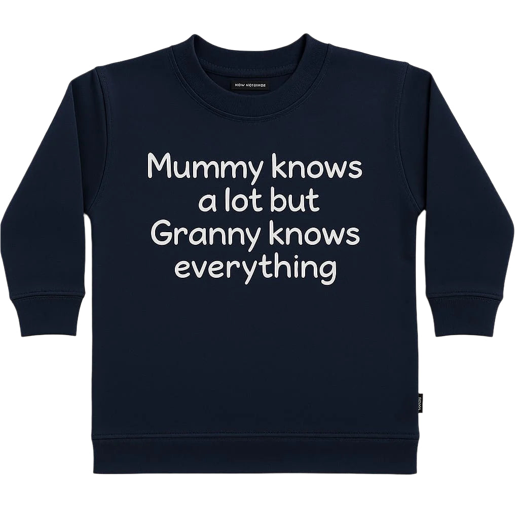 Navy blue sweatshirt with white text on a light gray background