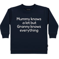 Navy blue sweatshirt with white text on a light gray background