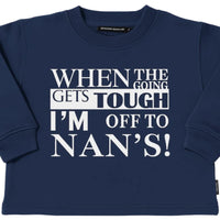 Navy blue sweatshirt with white text on a white background