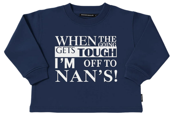 Navy blue sweatshirt with white text on a white background