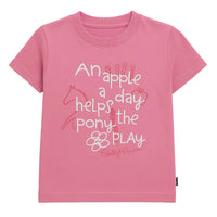 Pink t-shirt with text and horse graphics on a light gray background