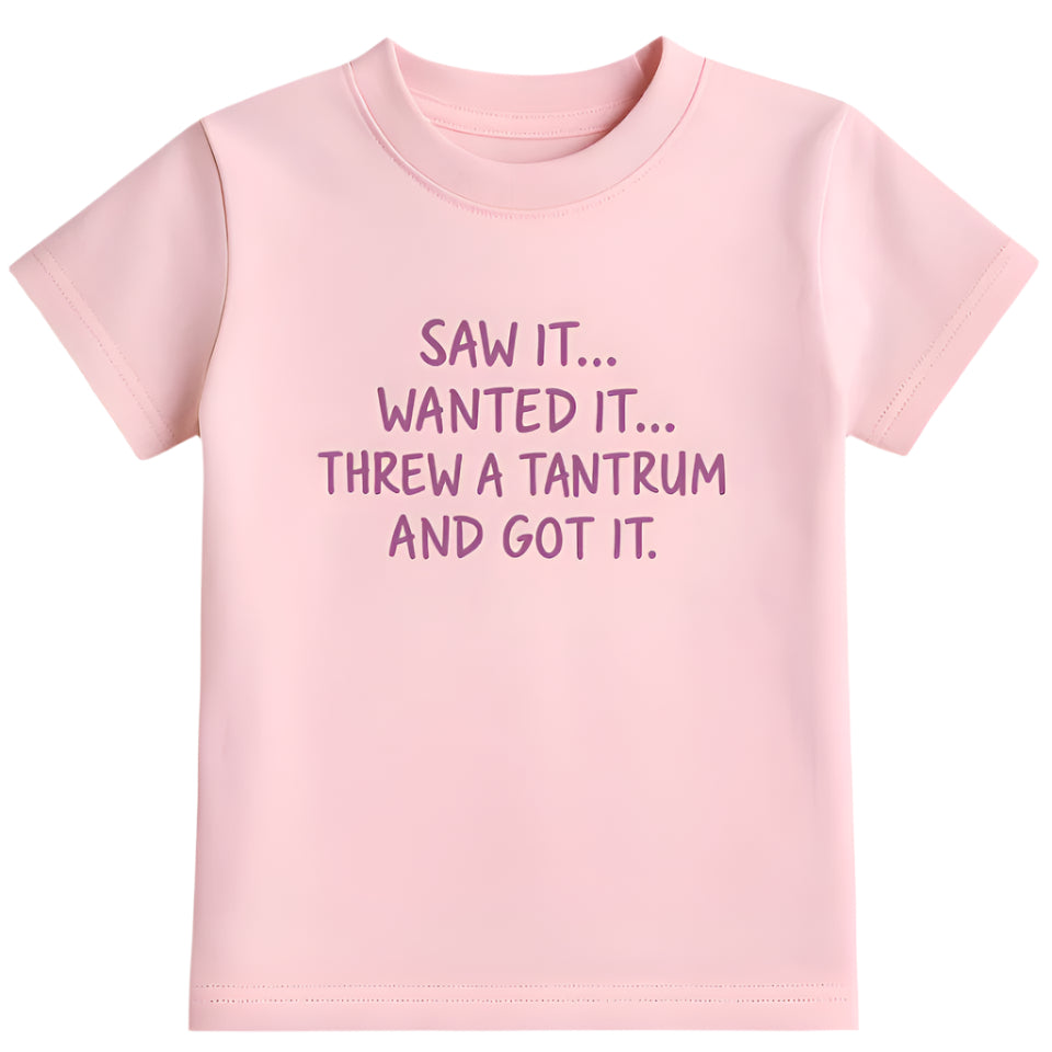 Pink t-shirt with text.