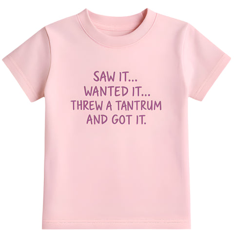 Pink t-shirt with text.