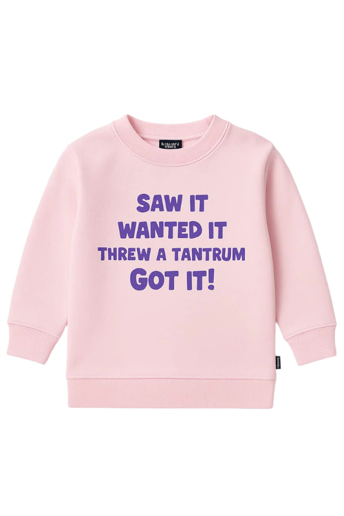 Pink sweatshirt with purple text on a white background