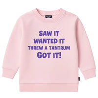 Pink sweatshirt with purple text on a white background
