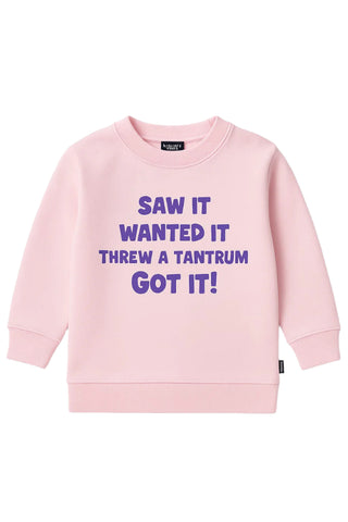 Pink sweatshirt with purple text on a white background