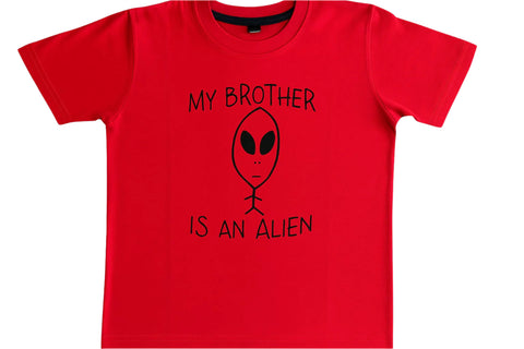 Red t-shirt with an alien graphic and text on a white background