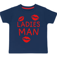 Navy blue t-shirt with red text 'LADIES MAN' and red lips on a white background