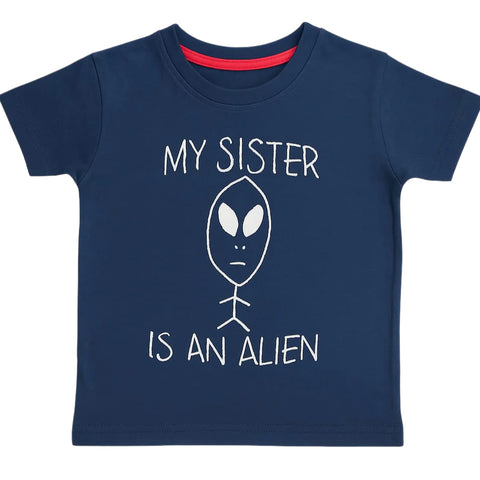 Navy blue t-shirt with an alien graphic and text on a white background