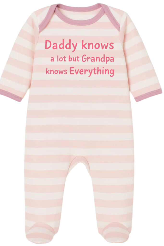 Pink and white striped baby onesie with text on a white background